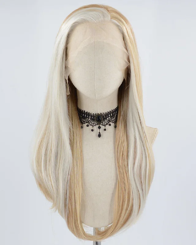 Synthetic long - length wig with a natural - looking textureWhite Skunk Stripe Blonde Brown Synthetic Lace Front Wig WW589