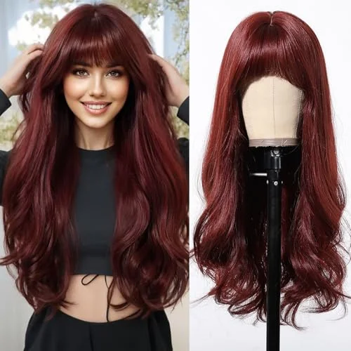 Long - length wig with a curly texture for a bold and stylish choiceWine Red Long Wavy Wig With Bangs