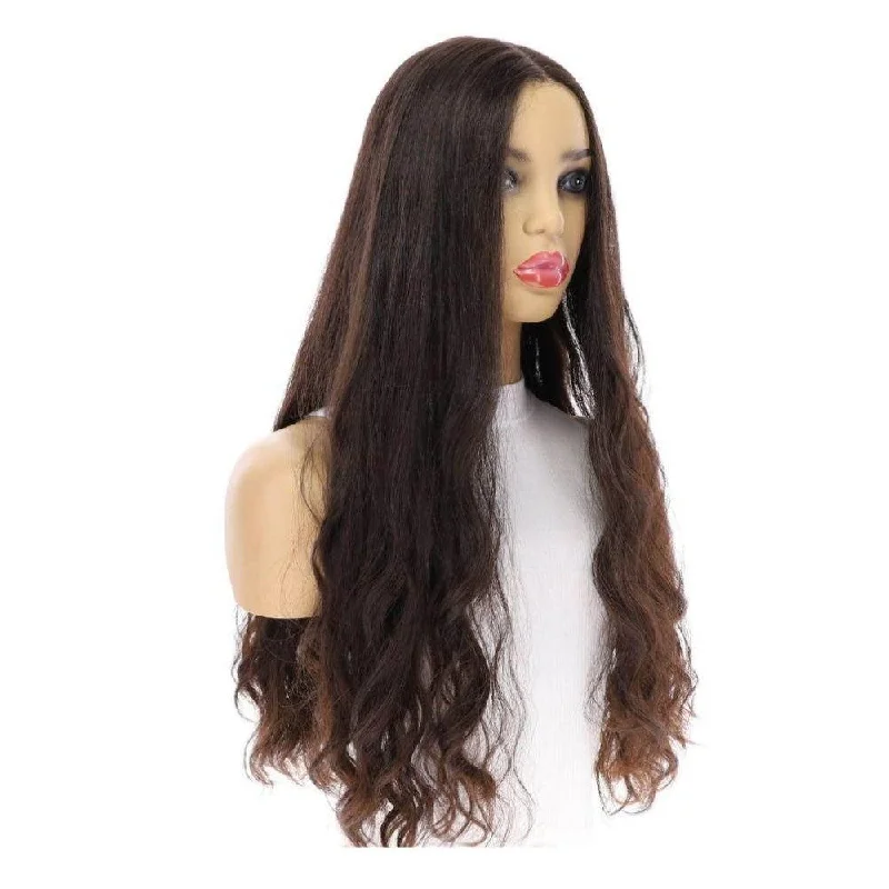 Long - length wig with a side - swept bang for a sophisticated look26" Divine Luxe Lace Top Wig #1B Black Wavy